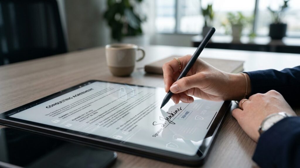 Close-up of a businesswomans hand signing a digital documen