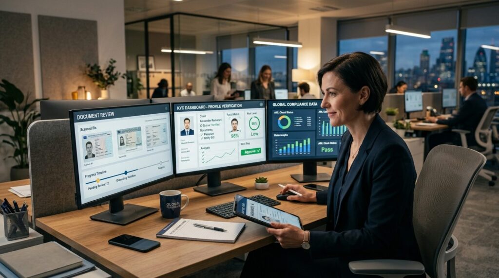 Confident business leader reviewing KYC compliance documents